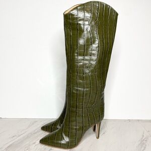 Schutz Maryana Military Green Crocodile Embossed Leather Tall Heeled Boot 5B